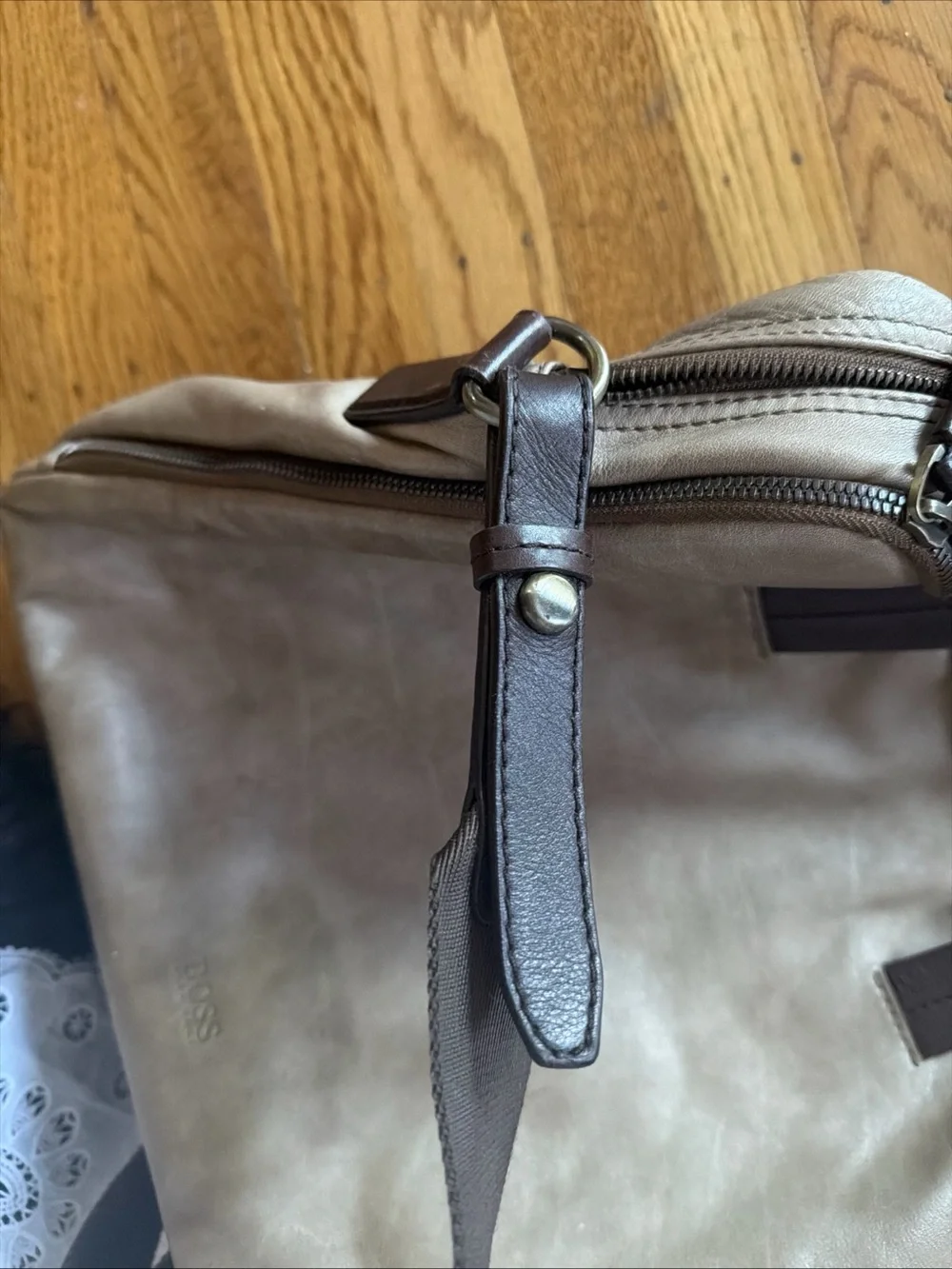 Boss Beige Canvas Laptop Bag with Brown Leather Handles